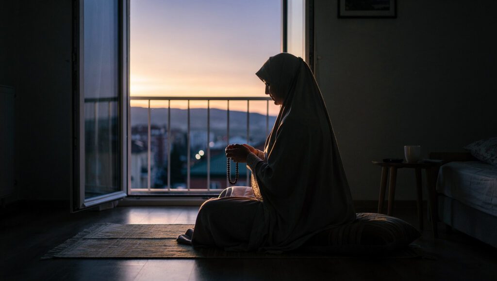 Siluet wanita Muslim berdzikir di waktu fajar, ilustrasi dzikir penentram hati saat cemas dan takut menyambut harapan baru.