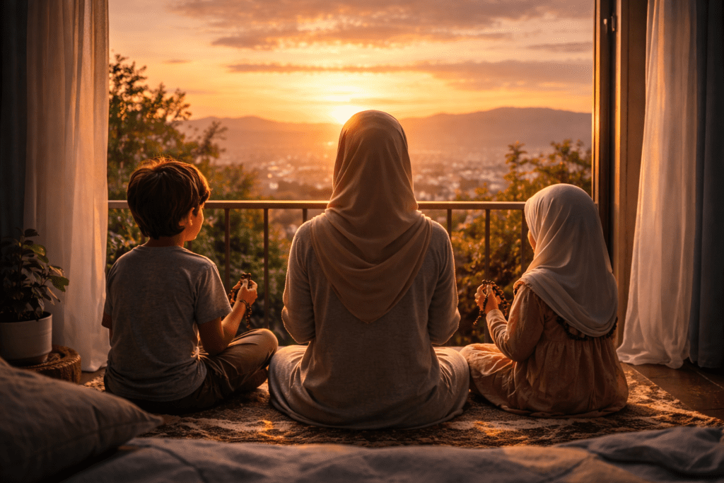 Siluet wanita Muslim berdzikir di waktu fajar, ilustrasi dzikir penentram hati saat cemas dan takut menyambut harapan baru.