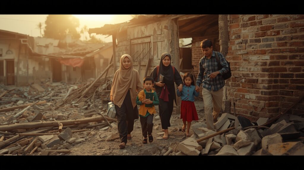 Keluarga muslim melakukan evakuasi gempa bumi dengan tenang sesuai panduan fikih Islam dan membantu tetangga