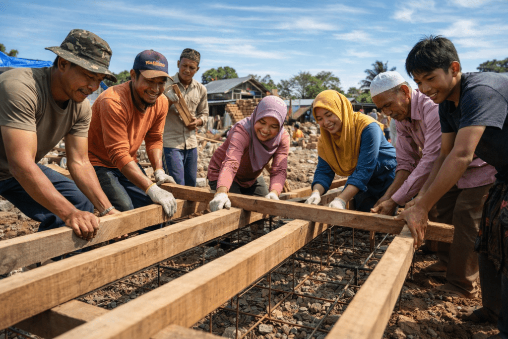 Kelompok masyarakat gotong royong membangun rumah, simbol nyata harapan dan kesembuhan setelah bencana melalui aksi bersama.