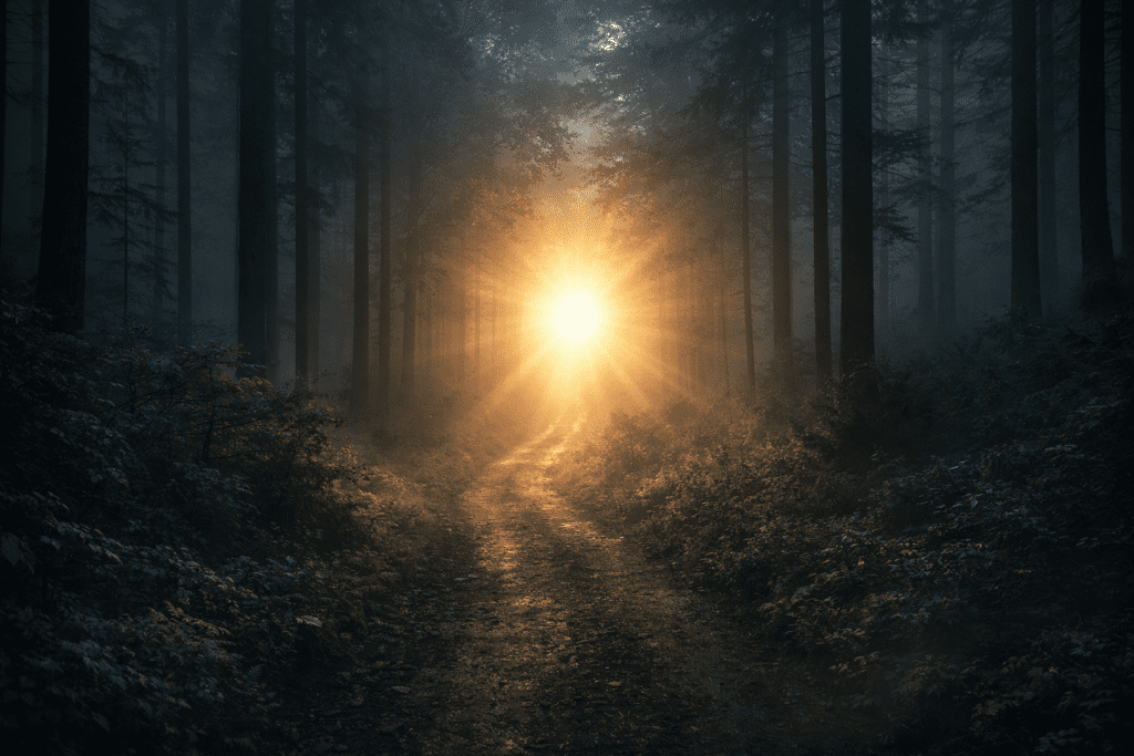 Jalan setapak di hutan gelap menuju cahaya di kejauhan, simbol kuat harapan dan kesembuhan setelah bencana.