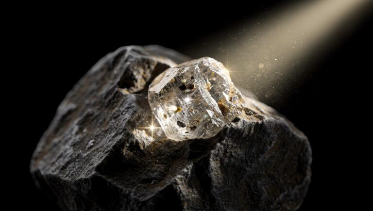 Berlian kasar bersinar di dalam batu, metafora visual tentang hikmah di balik ujian dan musibah hidup yang tersembunyi namun berharga.