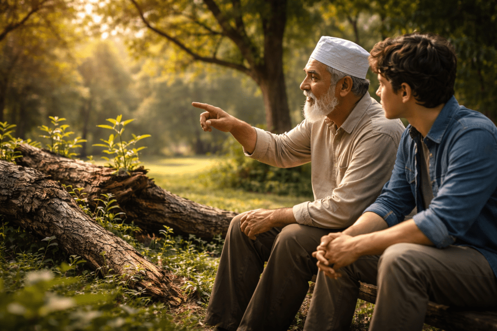 Seorang guru bijak menjelaskan tunas baru di pohon tumbang kepada pemuda, ilustrasi pencarian hikmah di balik ujian dan musibah hidup.