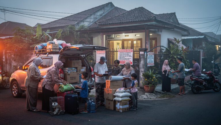 Keluarga muslim mempersiapkan barang-barang penting untuk mengungsi saat peringatan bencana