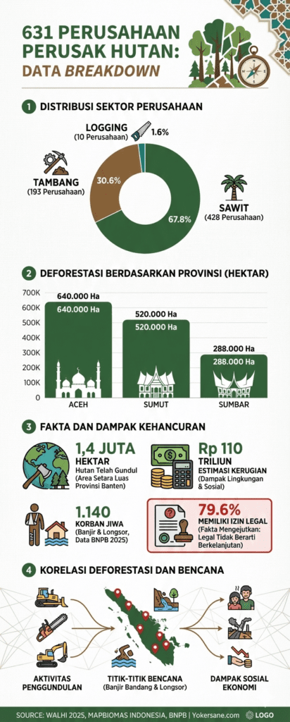 Infografis data 631 perusahaan perusak hutan Aceh: 428 sawit, 193 tambang, 1.4 juta ha deforestasi, 1,140 korban bencana 2025