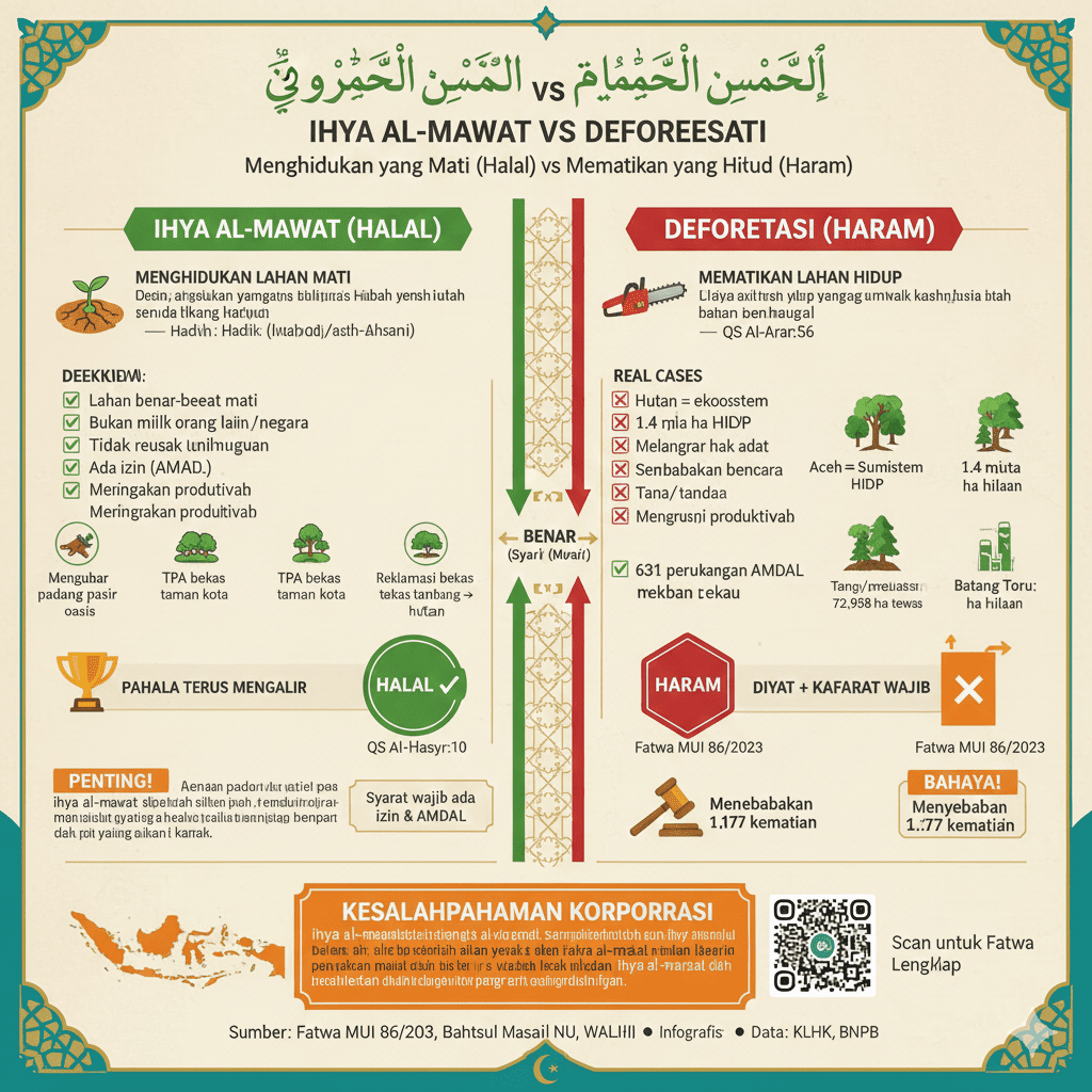 Infografis perbandingan Ihya al-Mawat halal vs Deforestasi haram.