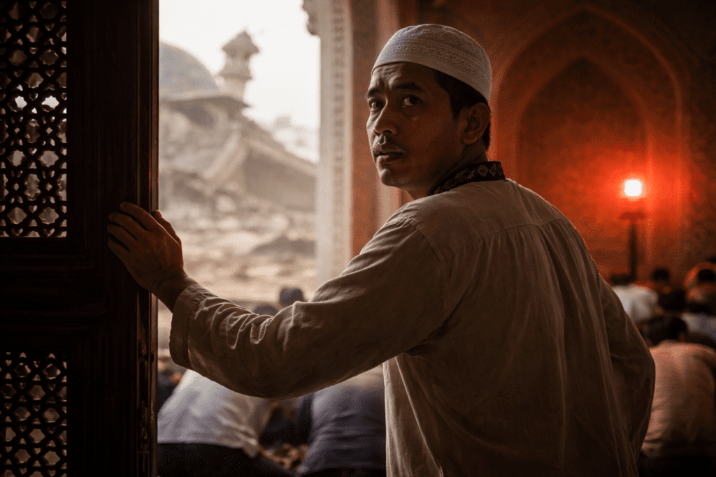 Keluar Masjid Saat Gempa, Jamaah muda terlihat ragu di pintu masjid antara melanjutkan shalat atau evakuasi saat gempa