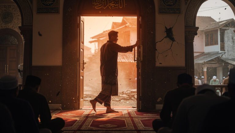 Jamaah muda terlihat ragu di pintu masjid antara melanjutkan shalat atau evakuasi saat gempa