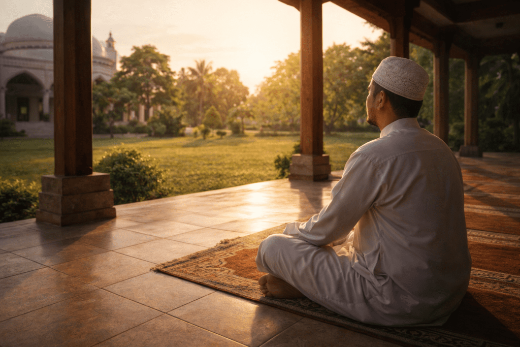 Pria Muslim berketenangan di serambi masjid, merefleksikan konsep kedamaian jiwa dalam kesehatan mental dalam pandangan Islam.
