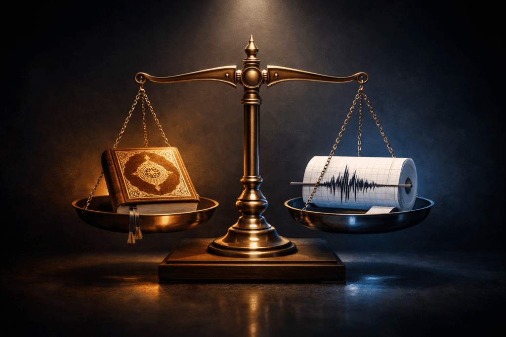 Timbangan simbolik antara Al-Quran dan alat seismograf merepresentasikan integrasi iman dan sains