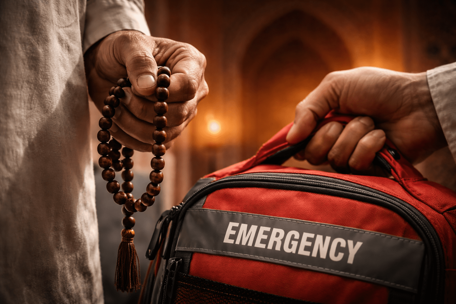 Keluar Masjid Saat Gempa, Tangan memegang tasbih dan tas siaga bencana sebagai simbol konflik antara ibadah dan keselamatan