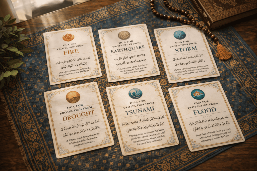 Koleksi kartu doa perlindungan dari berbagai bencana alam dengan kaligrafi Arab indah