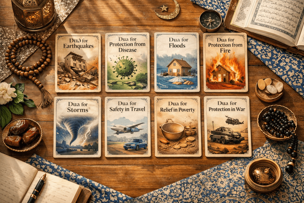 Koleksi kartu doa perlindungan dari berbagai bencana alam dengan kaligrafi Arab indah