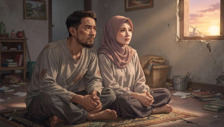 Ilustrasi pria dan wanita Muslim menemukan ketenangan hati di tengah situasi pasca bencana dengan cahaya harapan.