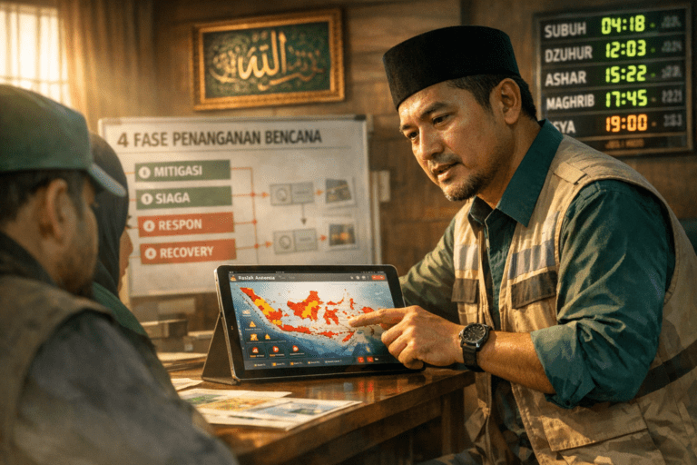 Koordinator relawan muslim merencanakan mitigasi bencana dengan peta digital interaktif di posko islami.