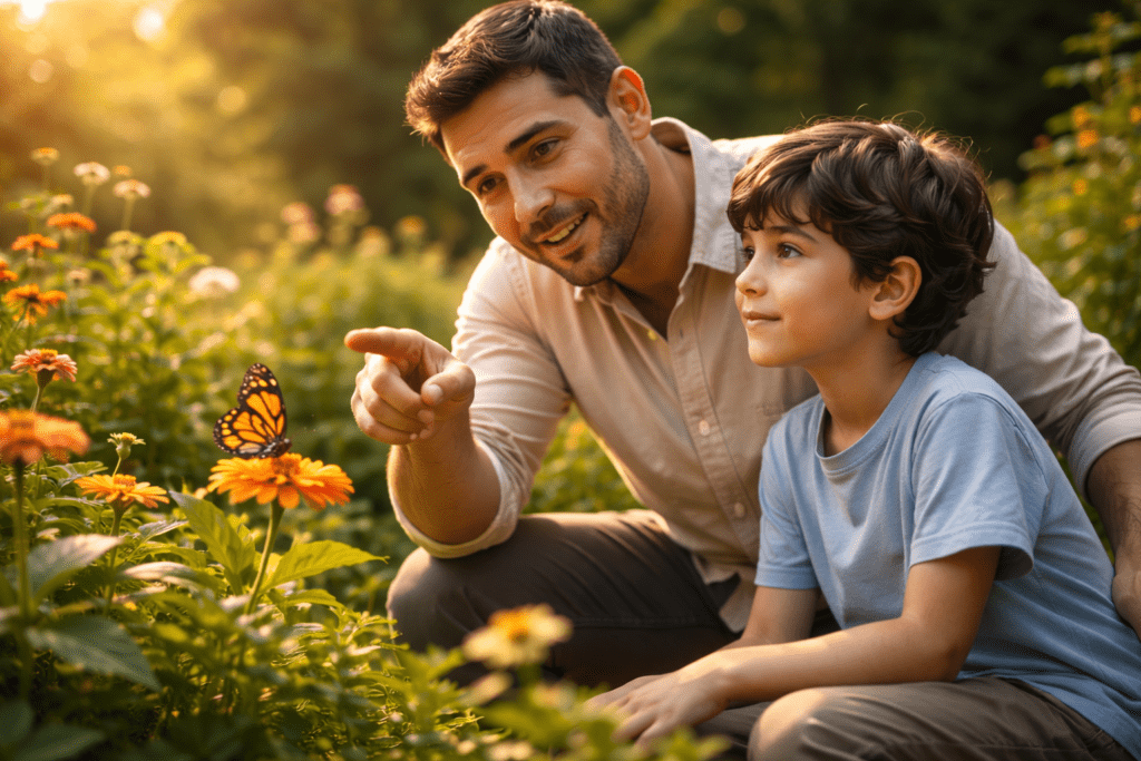 Ayah dan anak memandang kupu-kupu di taman, simbol cara alami menjelaskan musibah dan kematian kepada anak melalui ciptaan Allah.