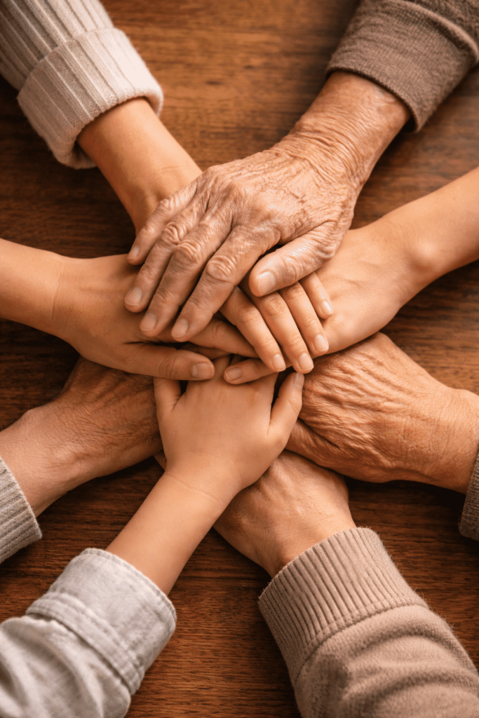 Tumpukan tangan berbagai usia saling menopang, simbol kuat peran keluarga dalam pemulihan trauma sebagai sistem pendukung.