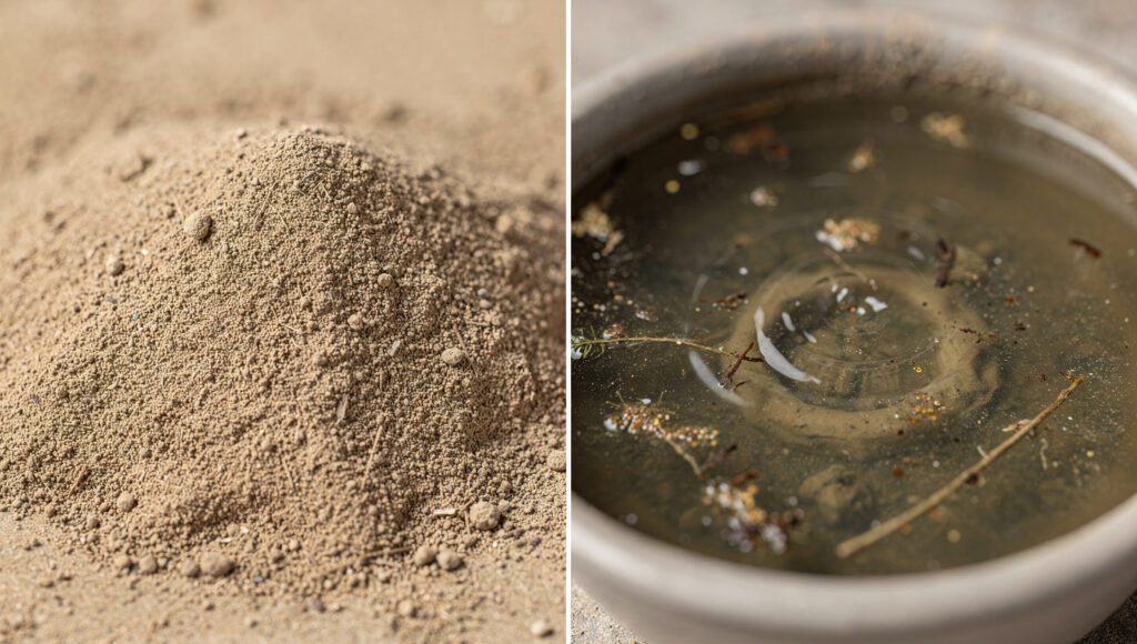 Perbandingan visual antara bersuci dengan air wudhu dan tayamum dengan tanah saat darurat