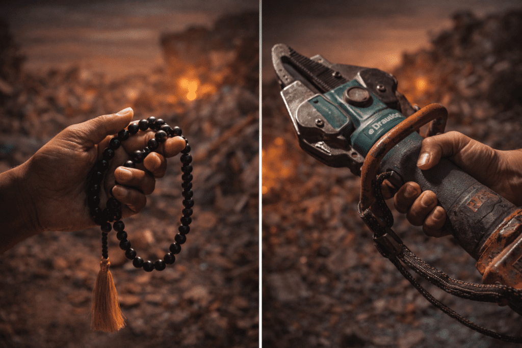 Dua tangan memegang alat penyelamatan dan tasbih mewakili pilihan sulit saat bencana. Bolehkah menunda shalat karena bencana alam ?