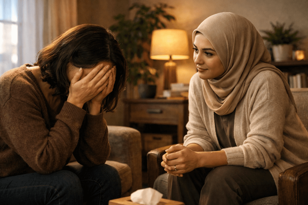 Adegan dukungan empatik antara dua orang, menggambarkan pendekatan manusiawi dalam PTSD dalam perspektif Islam dan psikologi.