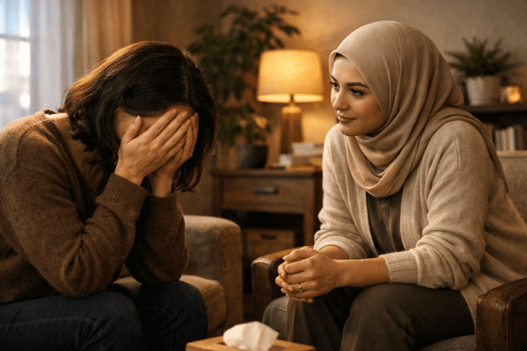 Adegan dukungan empatik antara dua orang, menggambarkan pendekatan manusiawi dalam PTSD dalam perspektif Islam dan psikologi.