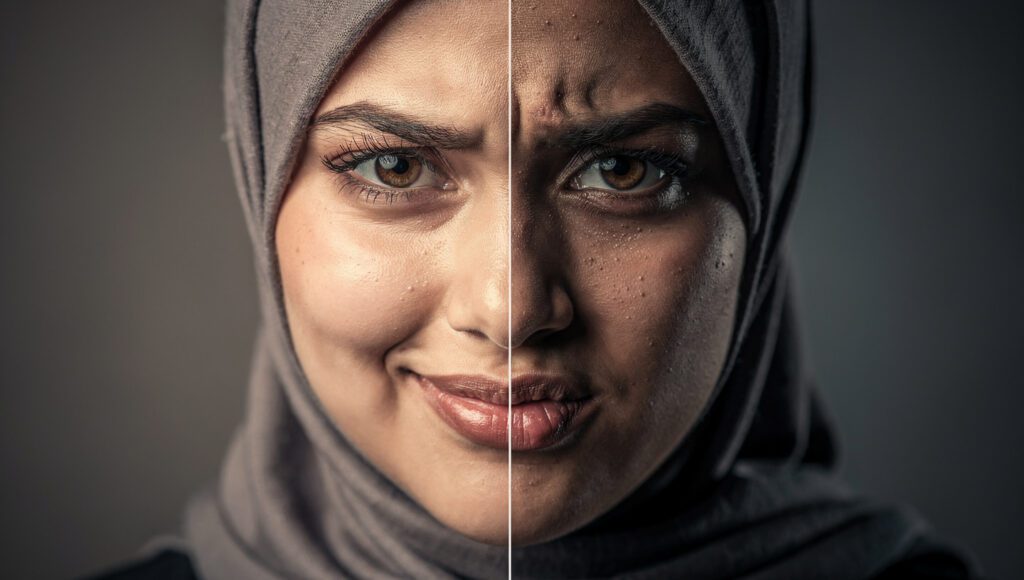 Close-up ekspresi wajah wanita yang menunjukkan kontras antara ketenangan sabar dan tekanan memendam emosi dalam Islam.