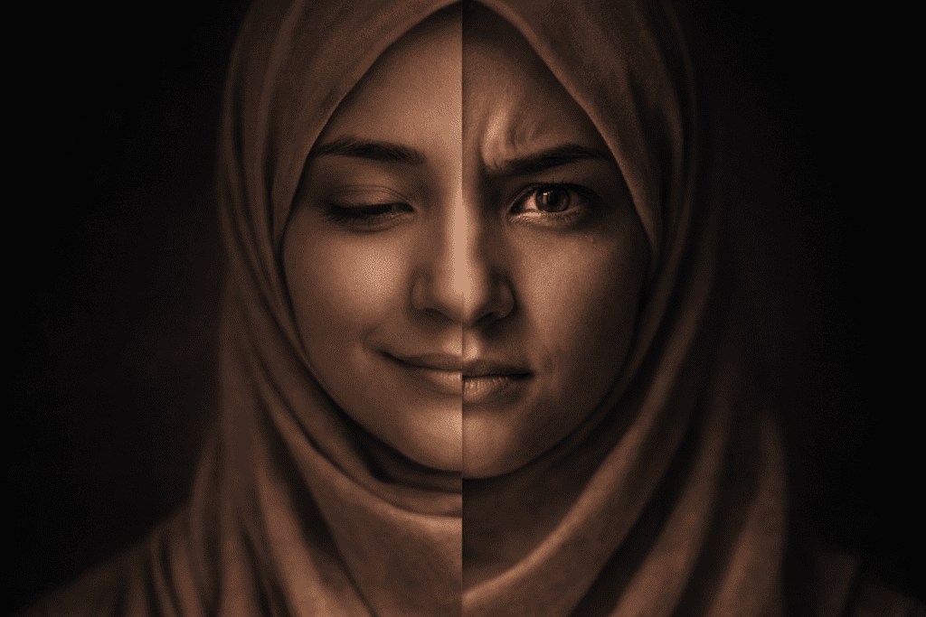 Close-up ekspresi wajah wanita yang menunjukkan kontras antara ketenangan sabar dan tekanan memendam emosi dalam Islam.