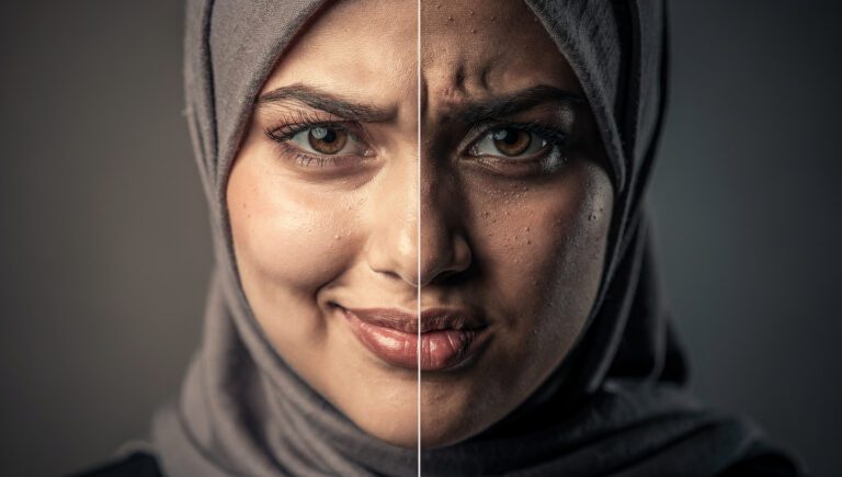 Close-up ekspresi wajah wanita yang menunjukkan kontras antara ketenangan sabar dan tekanan memendam emosi dalam Islam.