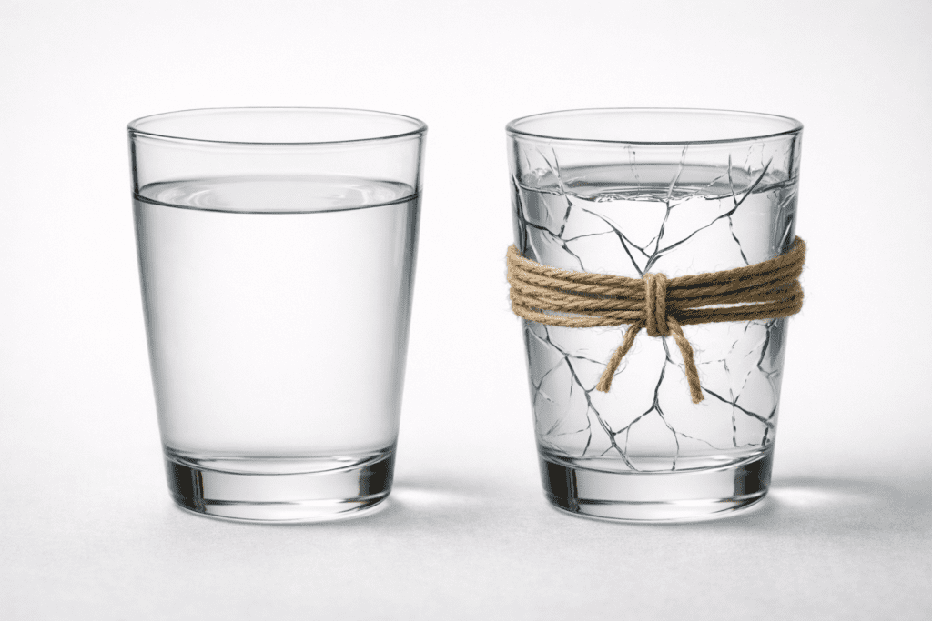 Metafora dua gelas: air tenang vs gelas retak tertekan, ilustrasi perbedaan sabar vs memendam emosi dalam Islam.