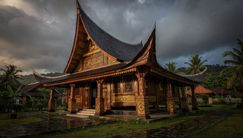 Rumah tradisional Indonesia dengan ornamen islami sebagai simbol perlindungan keluarga, doa keselamatan keluarga saat musibah