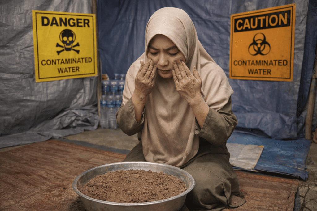 Wanita muslimah mempraktikkan tayamum dengan tanah bersih saat air tercemar pasca bencana