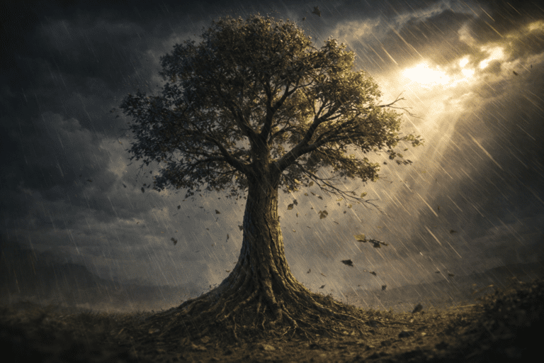 Pohon kuat bertahan di badai, simbol bahwa trauma bukan tanda lemah iman melainkan ujian yang dihadapi dengan ketahanan.