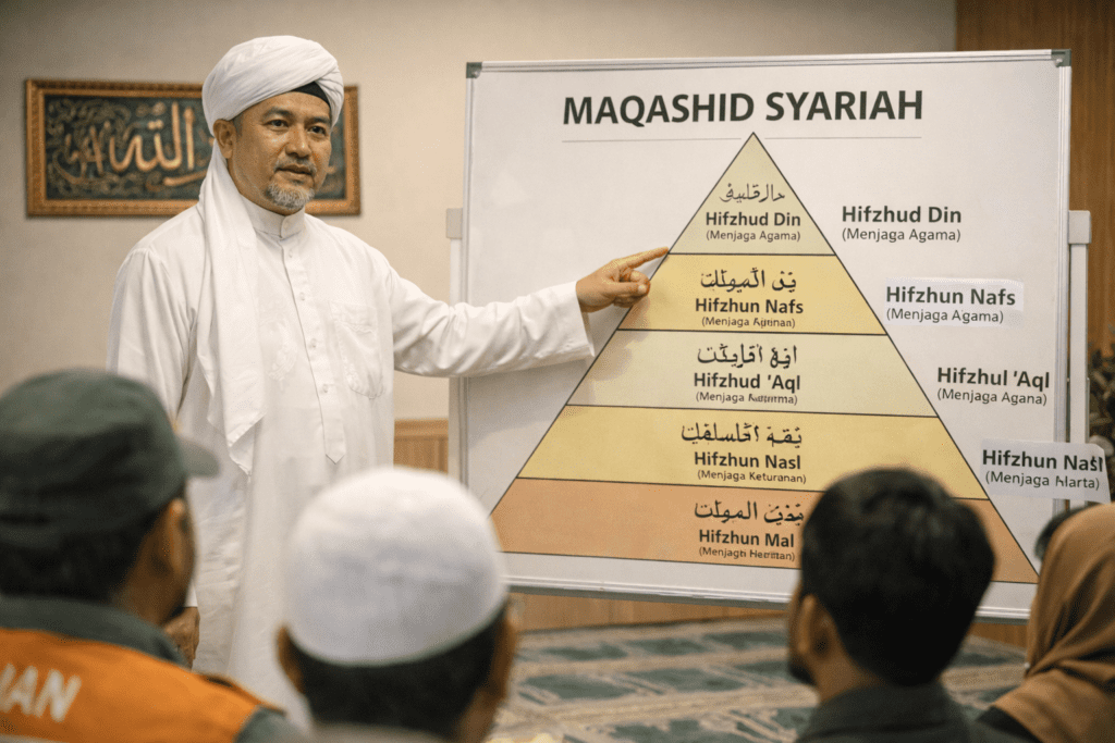 Seorang ulama menjelaskan piramida prioritas 5 asas Maqashid Syariah dalam penanggulangan bencana di depan peserta pelatihan.