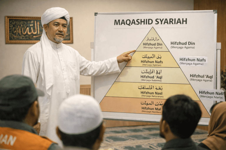 Seorang ulama menjelaskan piramida prioritas 5 asas Maqashid Syariah dalam penanggulangan bencana di depan peserta pelatihan.