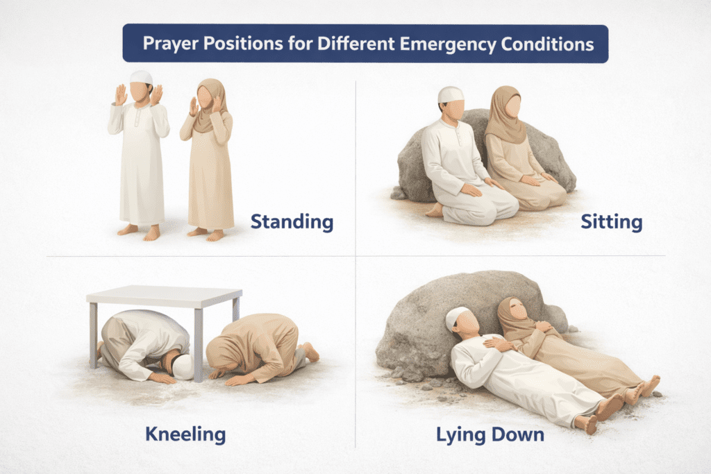 Ilustrasi 4 variasi posisi shalat dalam kondisi darurat: berdiri, duduk, berbaring, dan isyarat , Ibadah saat darurat