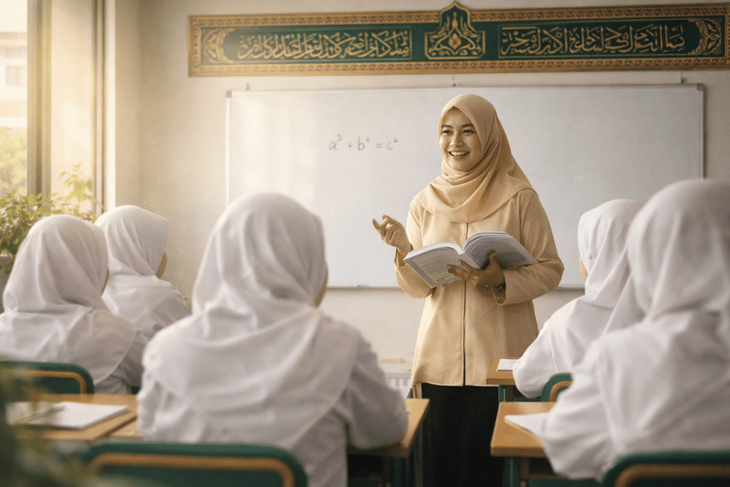 Guru madrasah mengajar di kelas dengan suasana pembelajaran yang kondusif dan profesional