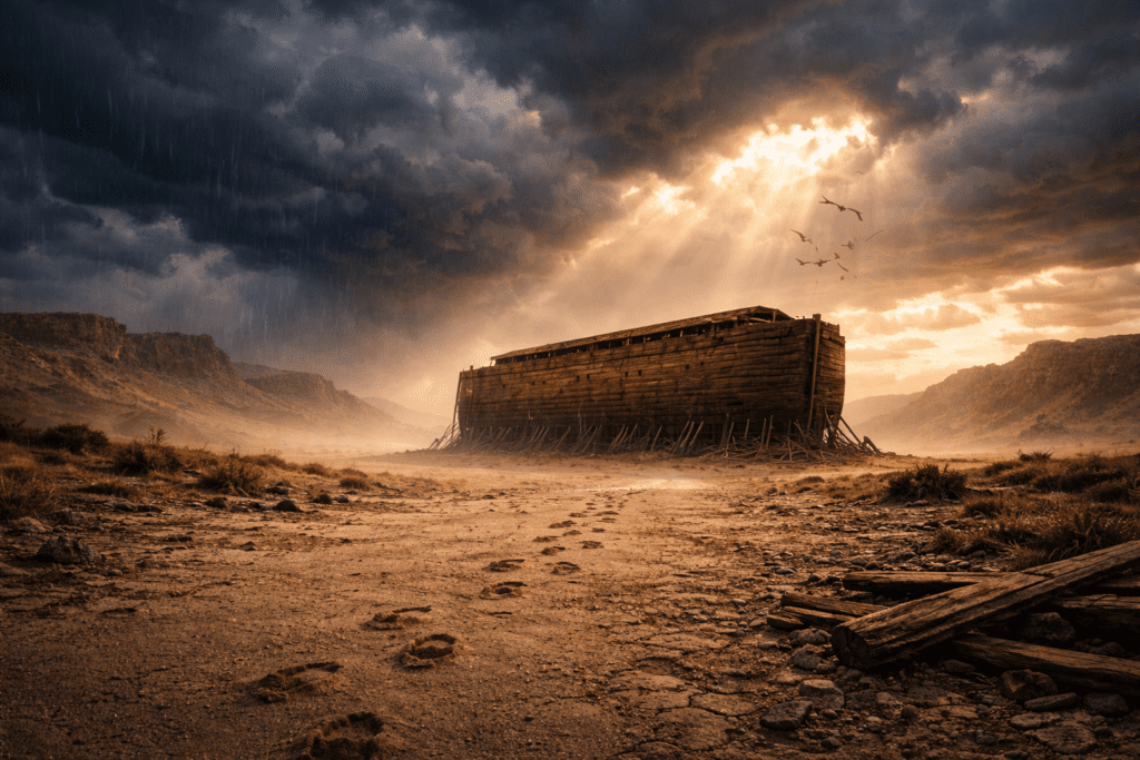 Ilustrasi sinematik kapal Nabi Nuh raksasa dengan pencahayaan dramatis dalam kisah banjir nabi nuh