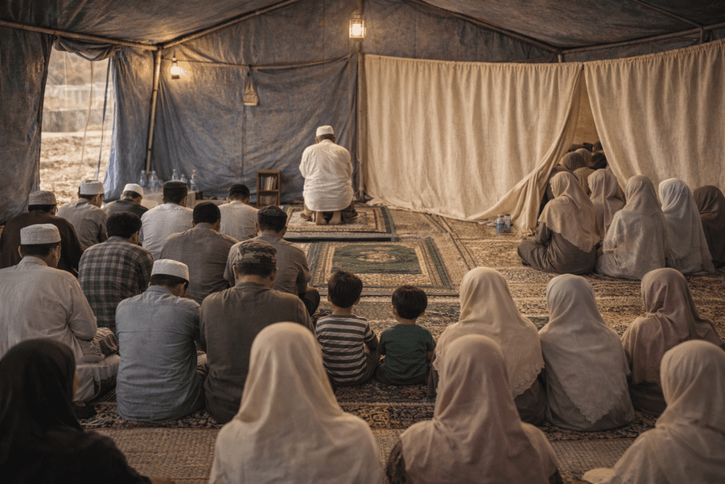 Aktivitas sholat berjamaah di dalam tenda musholla darurat posko pengungsian, dengan jamaah pria dan wanita terpisah.