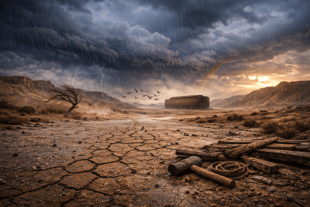 Langit gelap dan hujan pertama turun di dekat kapal Nabi Nuh sebagai pertanda kisah banjir nabi nuh