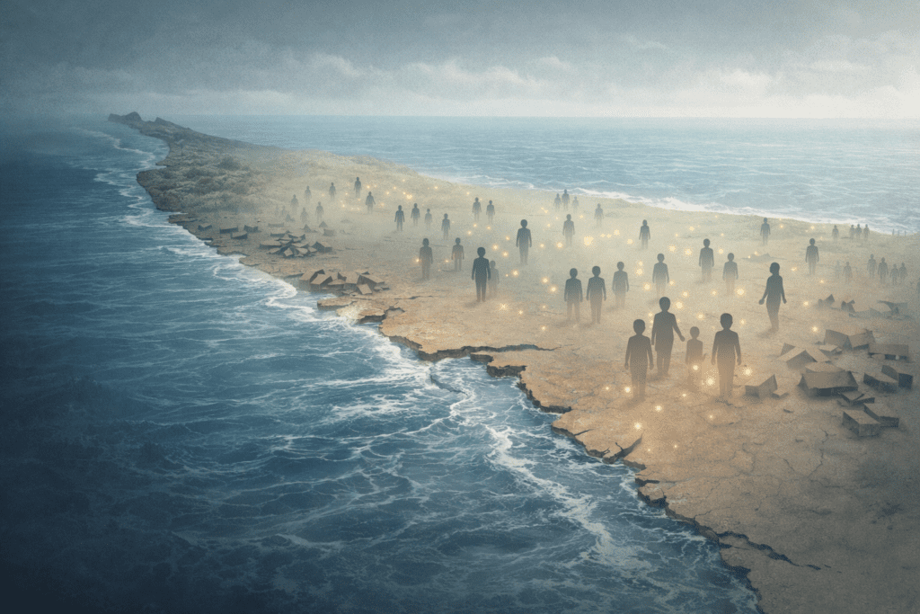 Symbolic aerial view of Aceh coastline after the tsunami, with abstract human silhouettes representing affected population and social impact.