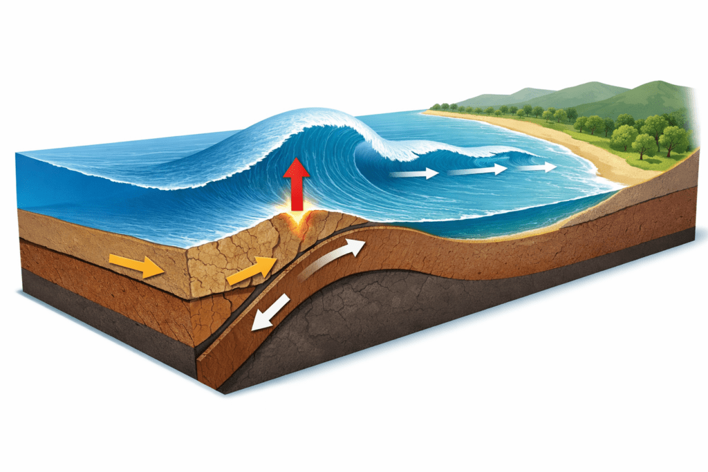 Diagram cross-section of tectonic plates under the ocean showing subduction and tsunami formation moving toward a calm coastline.