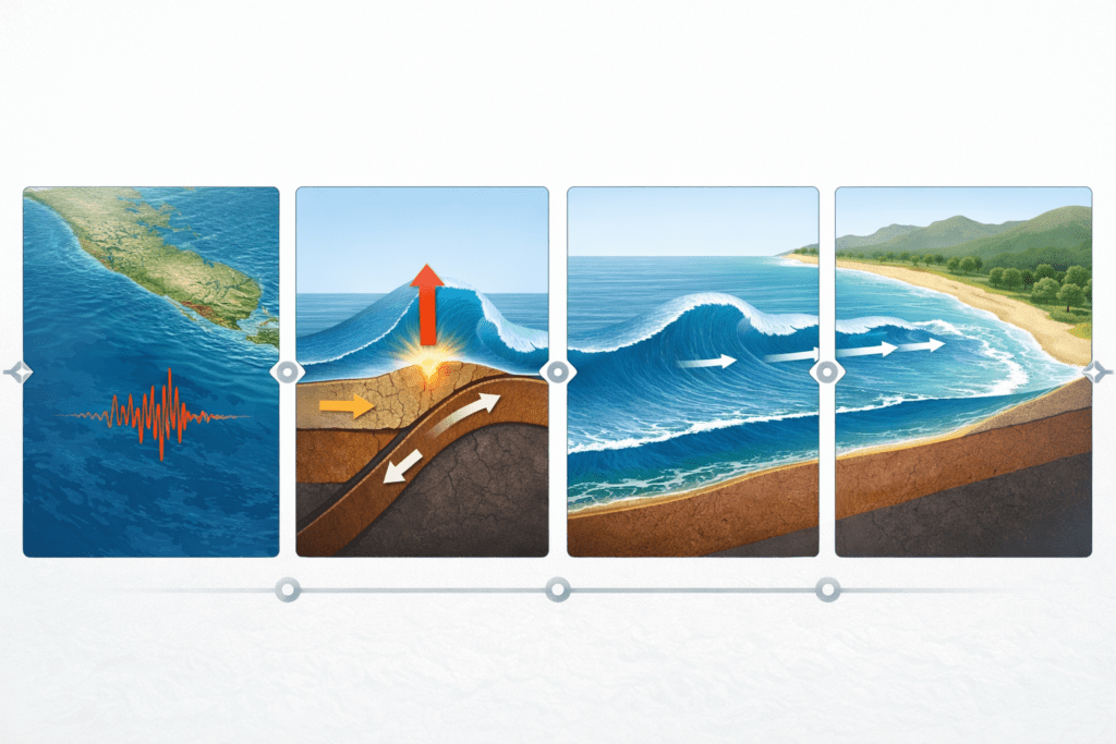 Four-panel timeline infographic illustrating the chronological sequence of the Aceh tsunami, from earthquake to waves reaching the coastline.