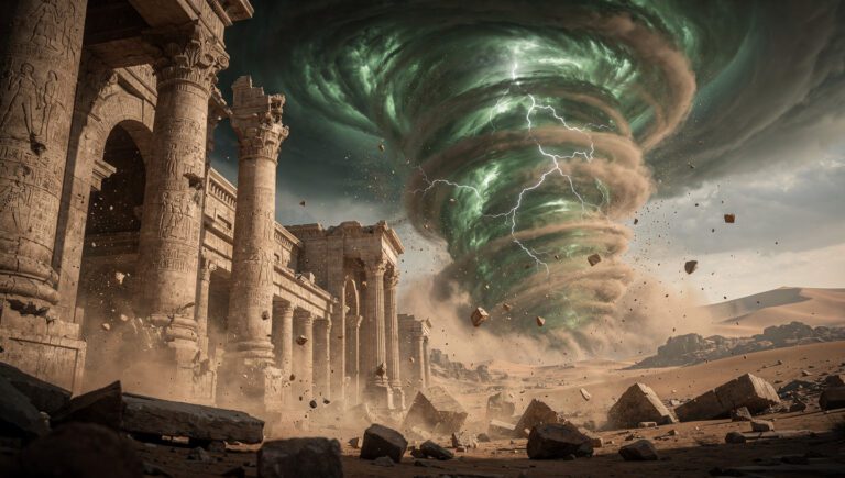 Visualisasi Banjir Hijau (badai dahsyat) menghancurkan peradaban kaum Ad di gurun Arabia sebagaimana kisah Nabi Hud