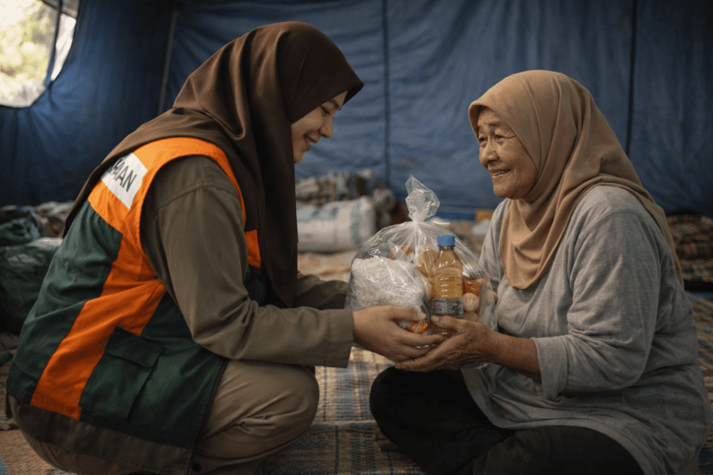 Relawan wanita muslimah menyerahkan bantuan dengan sikap hormat dan penuh empati kepada korban bencana lanjut usia.