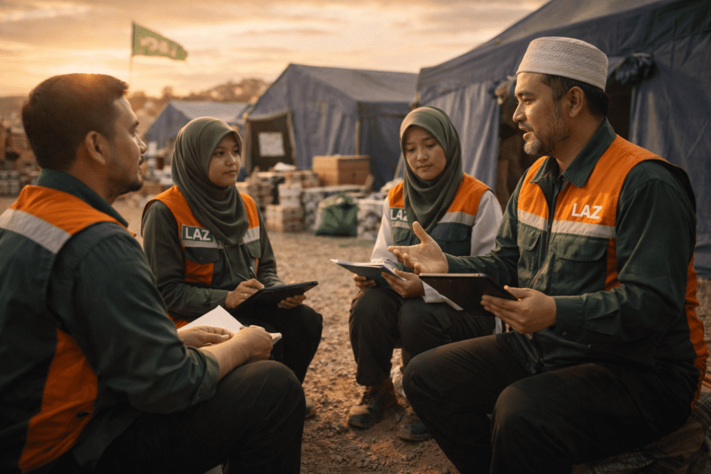 Etika Relawan Bencana dalam Islam, Kelompok relawan muslim pria dan wanita melakukan briefing lapangan dengan duduk terpisah namun tetap dalam koordinasi tim.