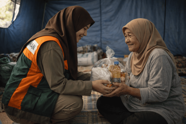 Relawan wanita muslimah menyerahkan bantuan dengan sikap hormat dan penuh empati kepada korban bencana lanjut usia.