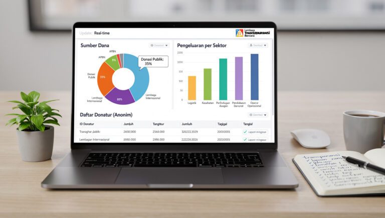 Tampilan dashboard digital laporan transparansi dana bencana dengan grafik dan tabel real-time.
