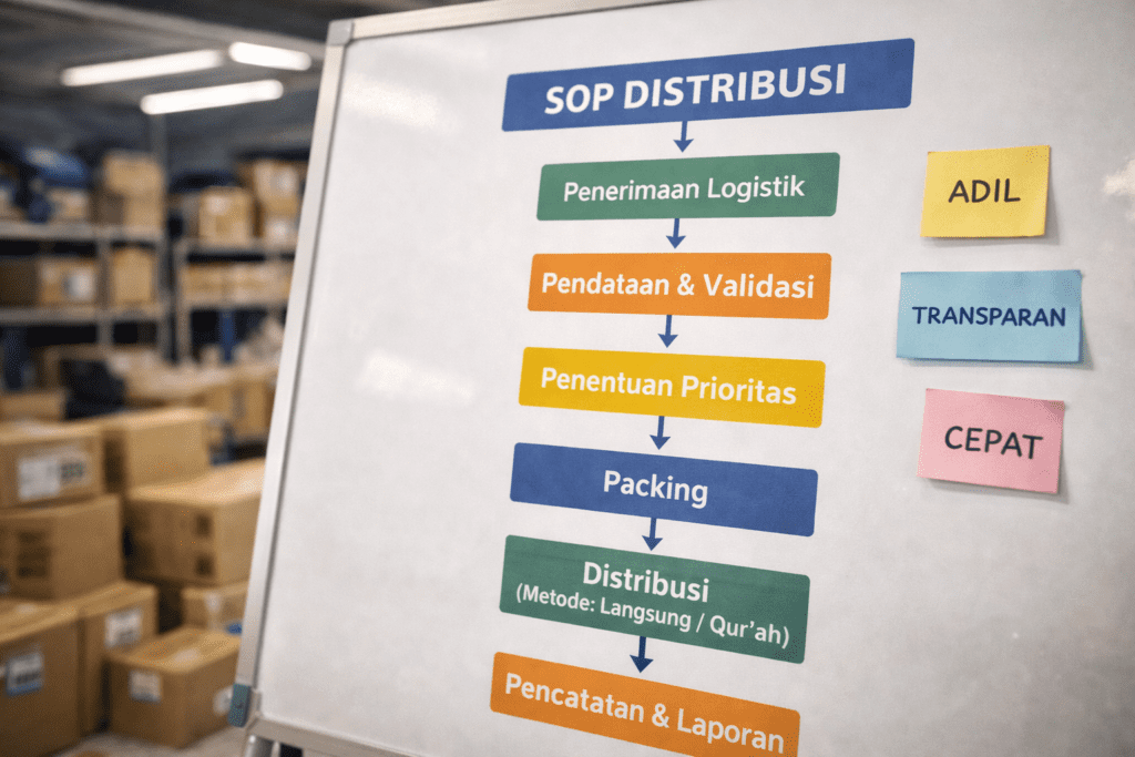 Flowchart Standard Operating Procedure (SOP) distribusi bantuan yang adil dan transparan di posko logistik bencana.