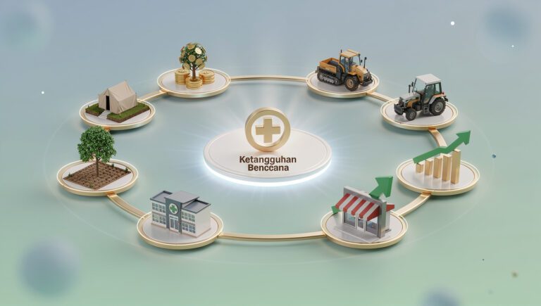 Infografis 7 model wakaf produktif untuk ketangguhan bencana: tanah, cash waqf, alat, kesehatan, lingkungan, saham, dan usaha.