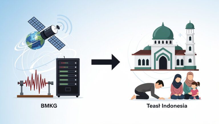 Diagram infografis integrasi sistem peringatan dini bencana teknologi modern dengan nilai dan komunitas Islam.